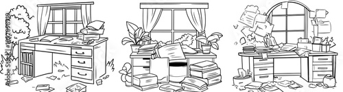 Chaos at home, papers, boxes, albums scattered all over the floor, mess on the window sill, books, notes, documents, and personal items strewn about. Isolated white background with flat modern