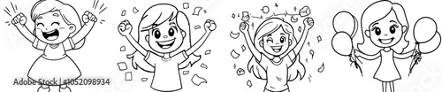 Smiling woman celebrating success with winning fist, hand gesture. Victory and achievement celebration. Isolated flat modern illustration.