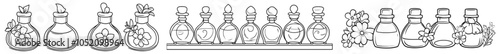 Eau de toilette, cosmetic products, fragrance bottles, flasks. Image of a modern flat graphic illustration isolated on a white background.