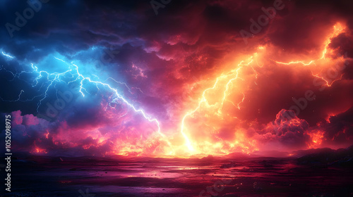 Fiery Sky with Lightning Il...