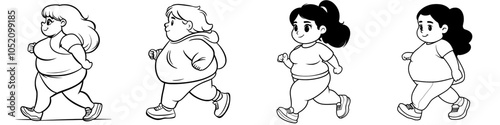 A plus-size woman running, walking. A female jogger with a fat body is active in cardio workouts, endurance training, physical activity. A flat modern illustration isolated on white is depicting a