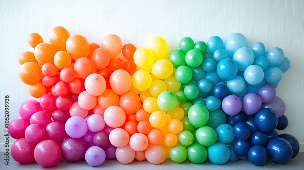 Bunch of rainbow balloons clustered in front of a white wall, perfect for celebrations with text area Bunch of rainbow balloons clustered in front of a white wall, perfect for celebrations with text area