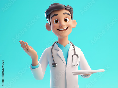 Cartoon friendly doctor character in presenting or welcoming pose on blue background. Male medic specialist with stethoscope in doctor uniform. Medical concept. 3d rendering