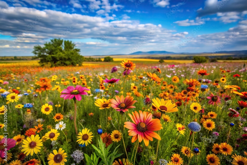 Fototapeta premium A colorful array of wildflowers blooming in the midst of a vibrant savanna landscape, natural scenery, savanna grasses, wildflowers, landscape, african wildlife
