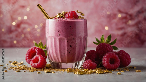 Nutritious Pink Smoothie with Fresh Raspberry Garnish