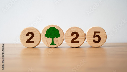 Sustainability and the Future: 2025 Represented with Wooden Tree Icon