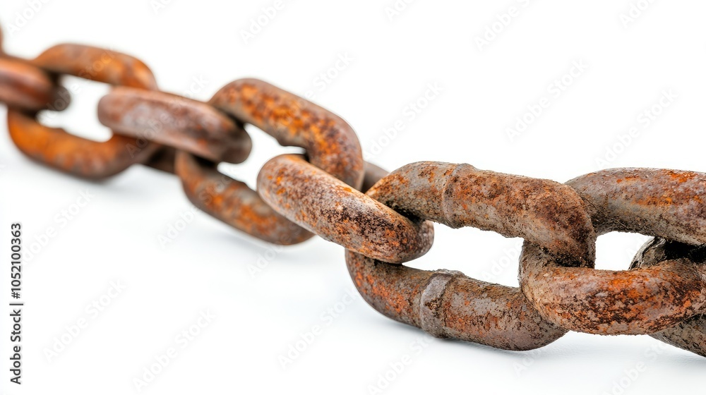 Fototapeta premium Detailed close-up of rusty chain links against a bright white background, showcasing the rough texture and aged appearance of each link.