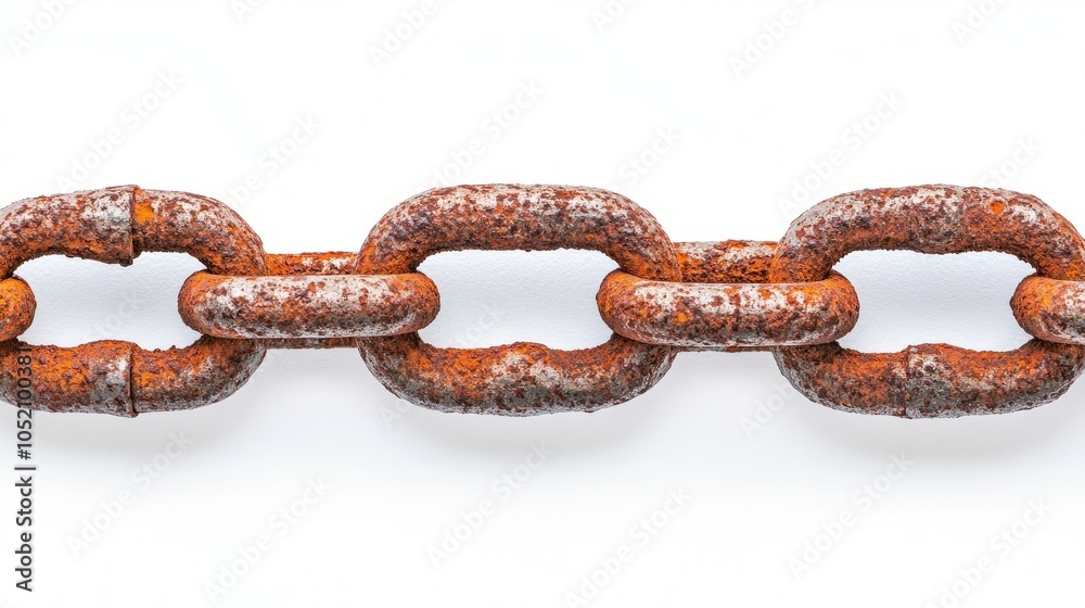 Obraz premium Detailed close-up of rusty chain links against a bright white background, showcasing the rough texture and aged appearance of each link.