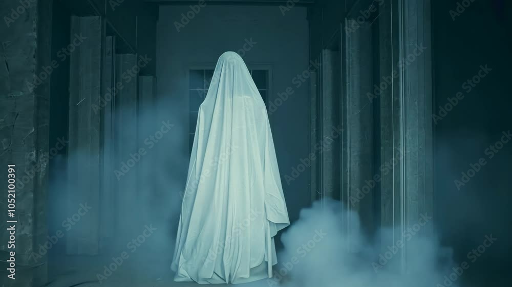 Paranormal Ghost Figure in Abandoned Dark Corridor with Fog, Halloween Haunted House Horror Concept, Spooky Supernatural Scene, Blue Toned Mystical Atmosphere Paranormal Ghost Figure in Abandoned Dark Corridor with Fog, Halloween Haunted House Horror Concept, Spooky Supernatural Scene, Blue Toned Mystical Atmosphere