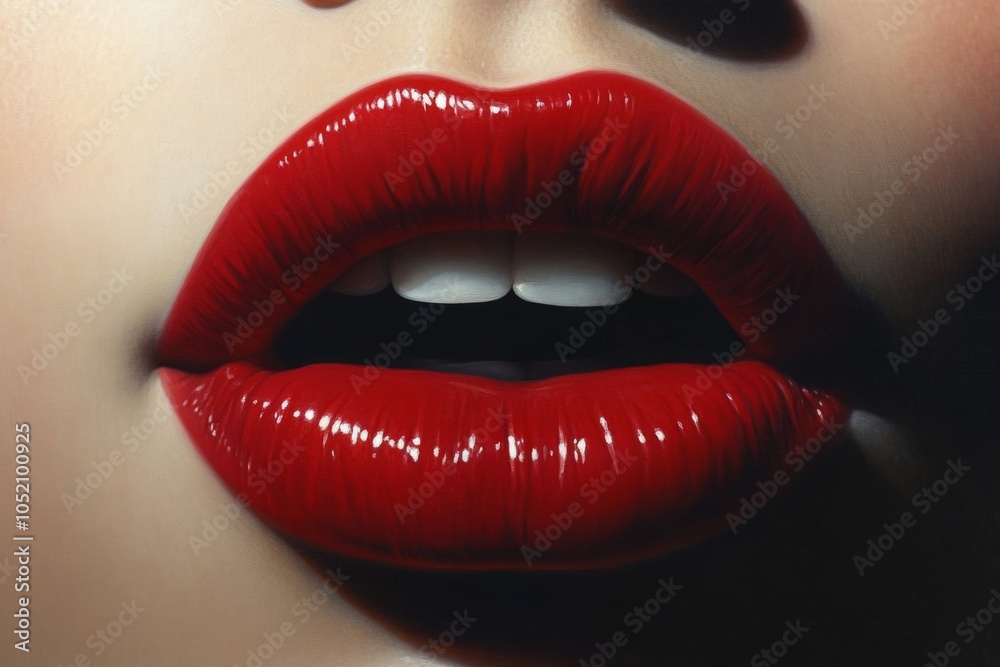 Fototapeta premium Woman showing red lipstick and white teeth while opening mouth