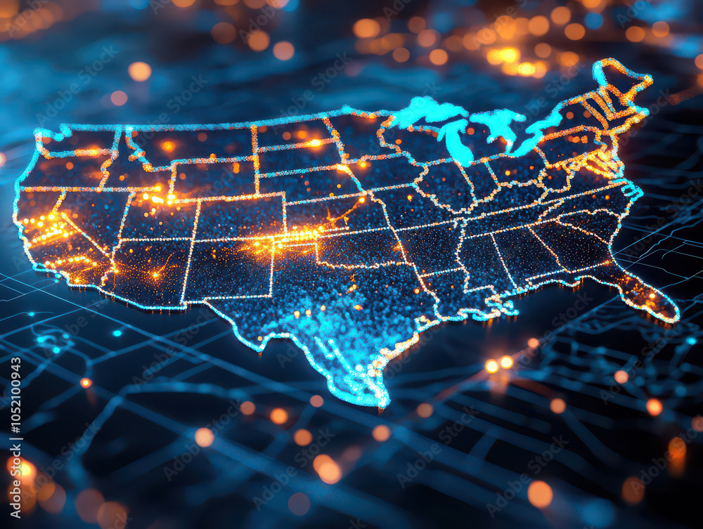 Obraz premium A digital, illuminated map of the United States with glowing data points and a futuristic design.