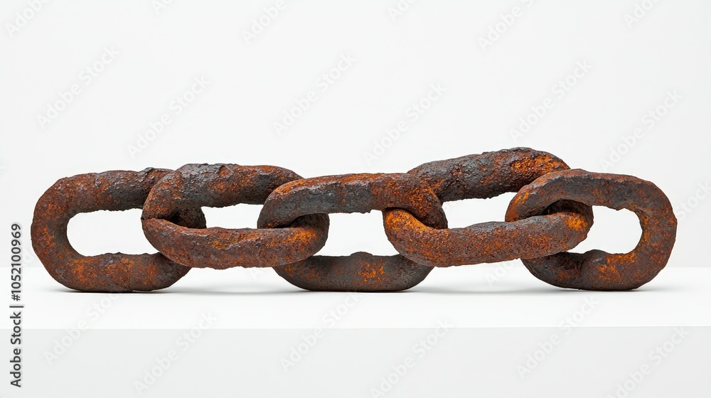 Fototapeta premium Rusty chain links positioned on a bright white surface, highlighting their rough textures and the beauty of aged metal in a minimalist way.