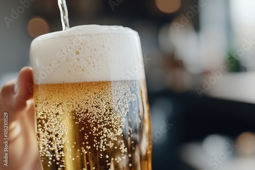 An elegant pint of refreshing golden lager beer cascades gracefully, complete with foam head, inviting the viewer to relish the moment of unwinding and relaxation. photo