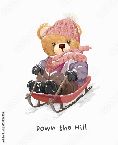 down the hill slogan with bear doll riding sleigh vector illustration