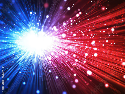 Vibrant burst of red and blue light beams creating a dynamic energy effect.