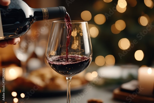 This image shows a festive red wine being poured into a glass, with a vibrant bokeh effect in the background, suggesting warmth and joyful celebration. photo