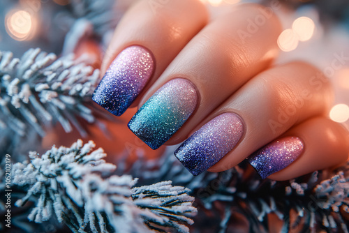 Northern lights-inspired glitter gradient nails in winter wonderland scene for holiday fashion