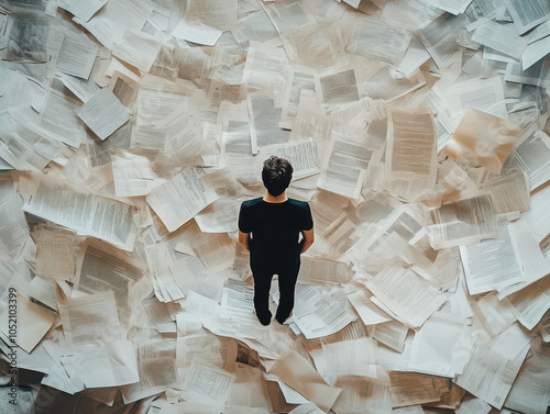 Overwhelmed man standing in a sea of scattered documents and papers, contemplating work overload.