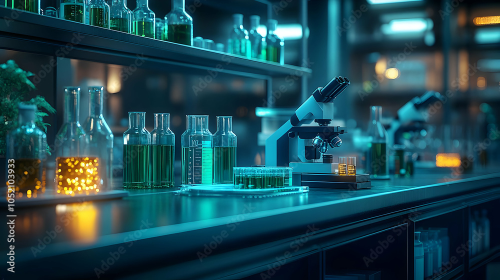 Laboratory 3D Illustration with Microscope and Flasks Laboratory 3D Illustration with Microscope and Flasks