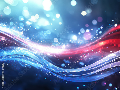 Abstract waves of red, blue, and white light create a dazzling and dynamic visual display.