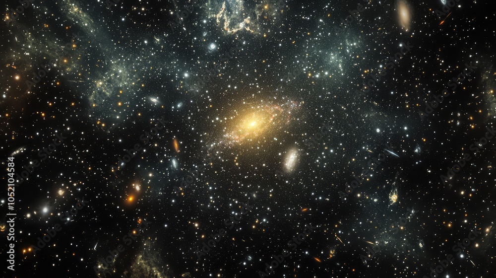 Fototapeta premium A tiny, glowing galaxy in the distance, surrounded by faint stars and nebulae, creating a soft, ethereal cosmic scene
