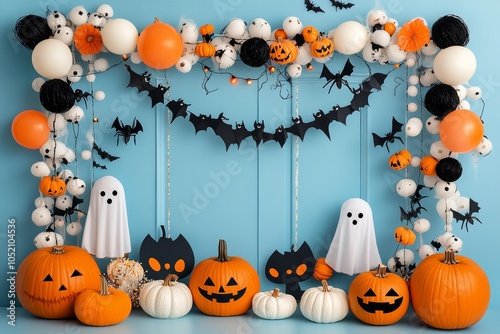 Festive Halloween Balloon and Pumpkin Decorations with Bats and Ghosts photo