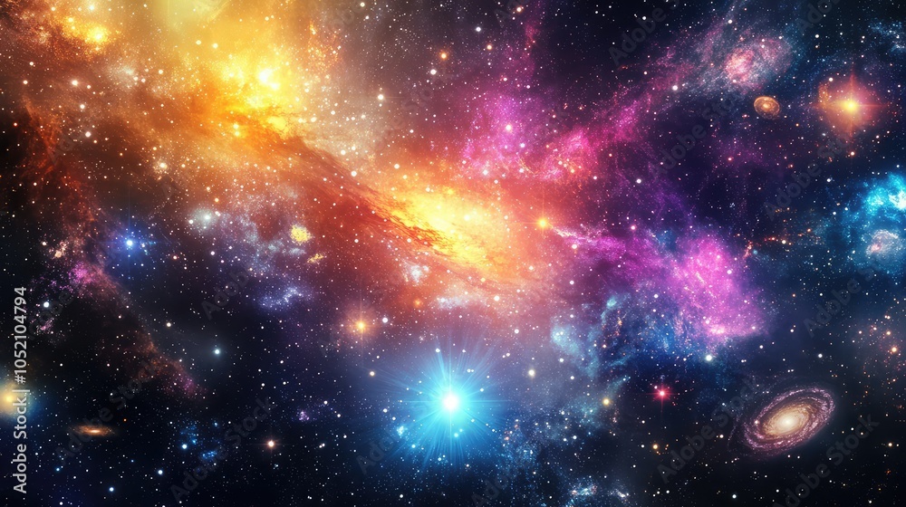Fototapeta premium A close-up view of a galaxy cluster, with galaxies of different sizes and shapes interspersed through the cosmic void, radiating colorful light