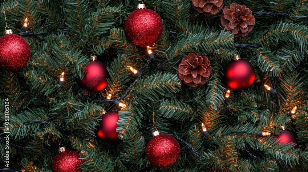 Close-up of a Christmas tree with twinkling fairy lights and vibrant red ornaments, festive and warm with text space Close-up of a Christmas tree with twinkling fairy lights and vibrant red ornaments, festive and warm with text space
