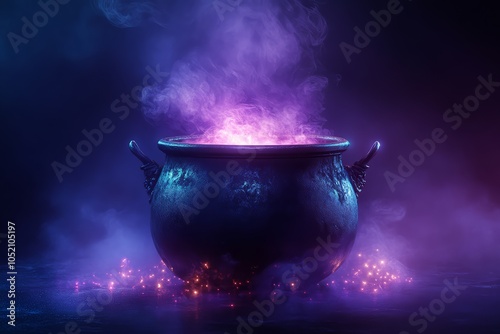 Mystical Cauldron with Colorful Smoke in Dark Magical Atmosphere