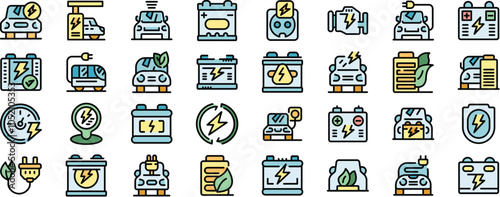 Diverse set of electric car charging icons representing sustainable transportation, battery technology, and eco conscious driving