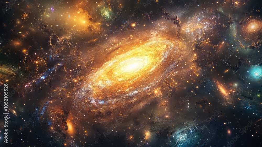 A densely packed galaxy cluster glowing brightly, with swirling arms and bright cores of light creating a rich cosmic tapestry A densely packed galaxy cluster glowing brightly, with swirling arms and bright cores of light creating a rich cosmic tapestry