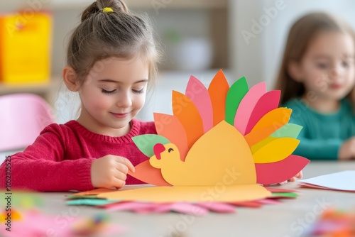 Happy Children Making Thanksgiving Turkey Crafts in Classroom photo