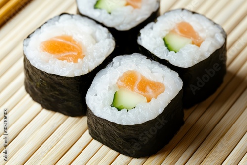 Fresh Salmon and Avocado Sushi Roll with Rice and Seaweed Close-Up photo