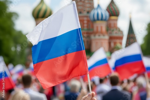 Russian Flag Waving at Patriotic Celebration in Moscow with Saint Basil’s Cathedral Background