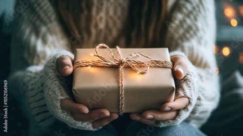 Hands holding a brown gift with twine and lights photo