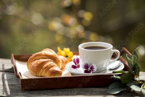 Coffee with Croissant and Flowers on Wooden Tray in Nature