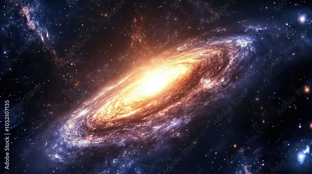 A glowing galaxy in the center of a dark cosmic void, with its spirals stretching out into the infinite blackness of space A glowing galaxy in the center of a dark cosmic void, with its spirals stretching out into the infinite blackness of space