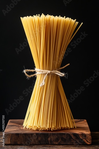 Bunch of Uncooked Spaghetti Tied with Twine on Wooden Board Against Dark Background. photo