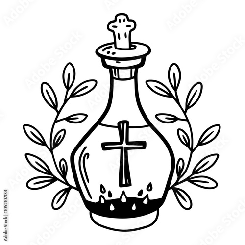 Hand Drawn Holy Oil Bottle with Cross and Olive Branches Vector Illustration