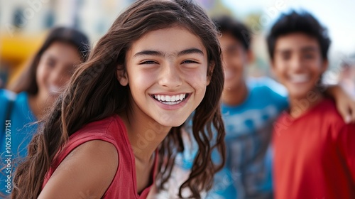 Smiling Girl with Friends - Happy Youth and Friendship