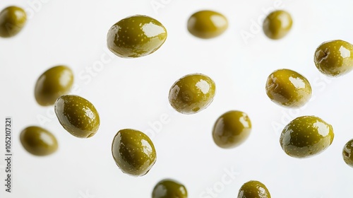  Fresh Green Olives and Leaves Floating on White Background