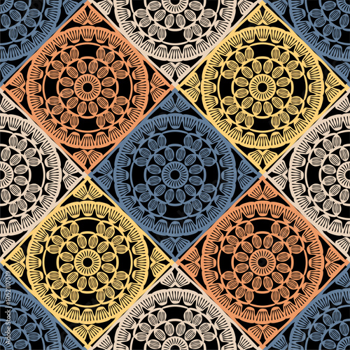 Pattern with crochet granny square with flowers wallpaper handmade decorative art design print	