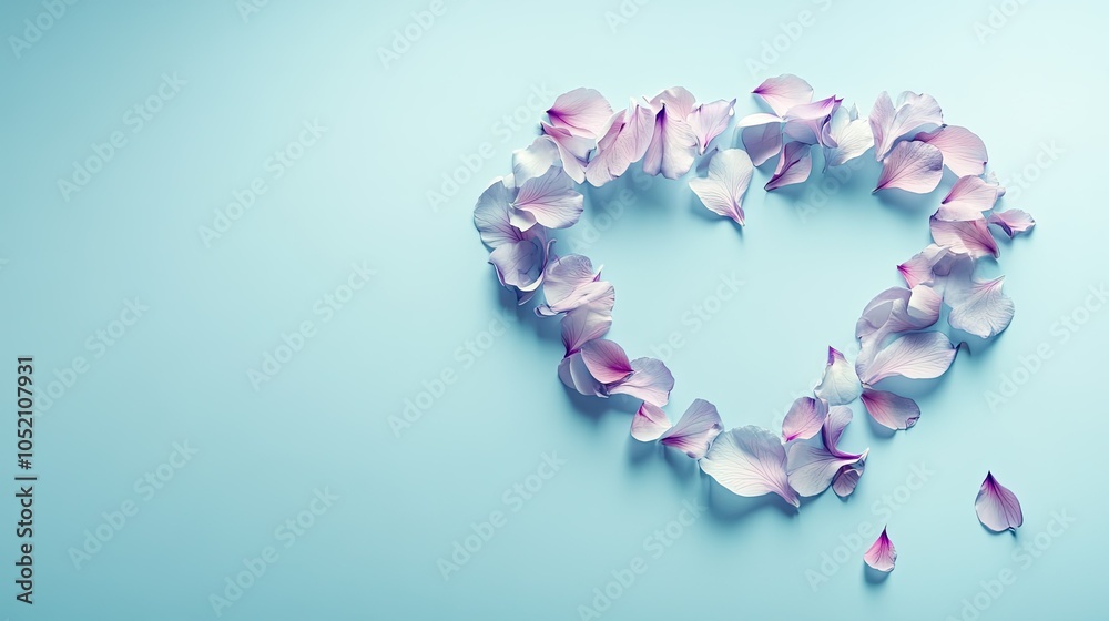 Obraz premium Delicate flower petals forming a heart shape, set on plain background with ample text area for kind messages