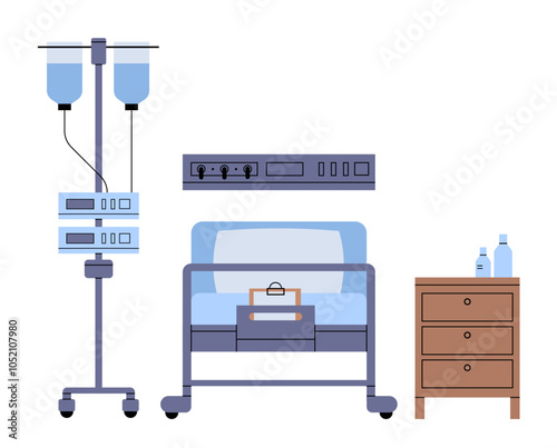 Hospital bed, intravenous drip and nightstand front view. Vector medical equipment elements