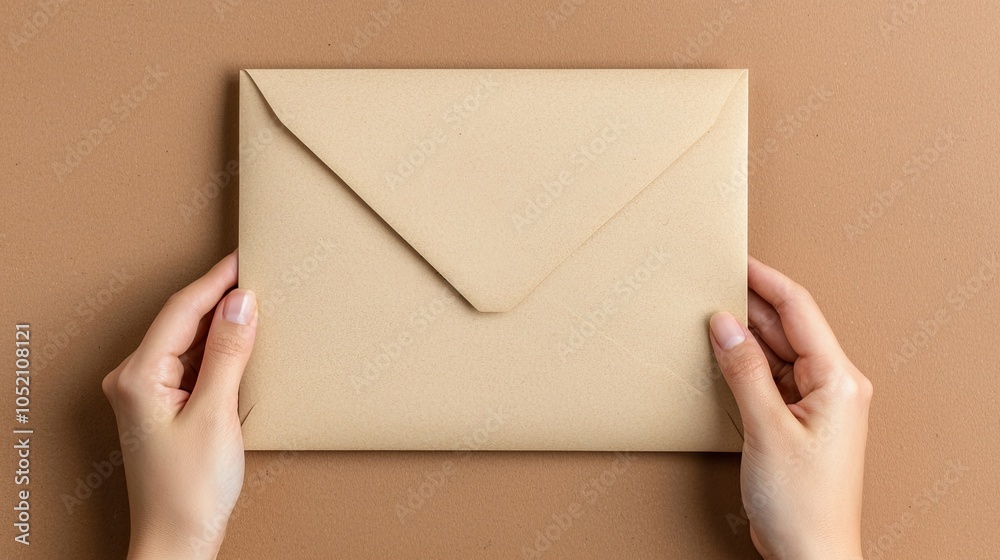 Fototapeta premium A person holding a plain brown envelope against a textured background, emphasizing the simplicity and formality of traditional mail.