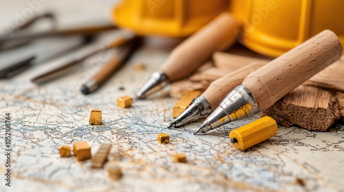 close up of gold mining map featuring marked locations, surrounded by tools and wooden elements, evokes sense of exploration and adventure