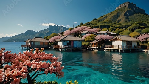 Fototapeta Naklejka Na Ścianę i Meble -  Serene white sandy beaches of Bora Bora, French Polynesia, featuring overwater bungalows and clear blue waters that reveal vibrant coral and marine life