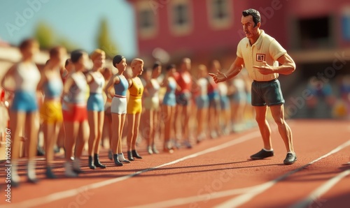 Miniature figures on a running track.