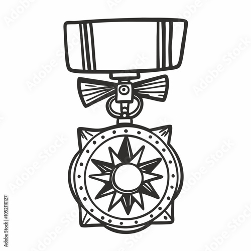 Vintage Military Medal Design with Ribbon and Star Emblem in Monochrome Style