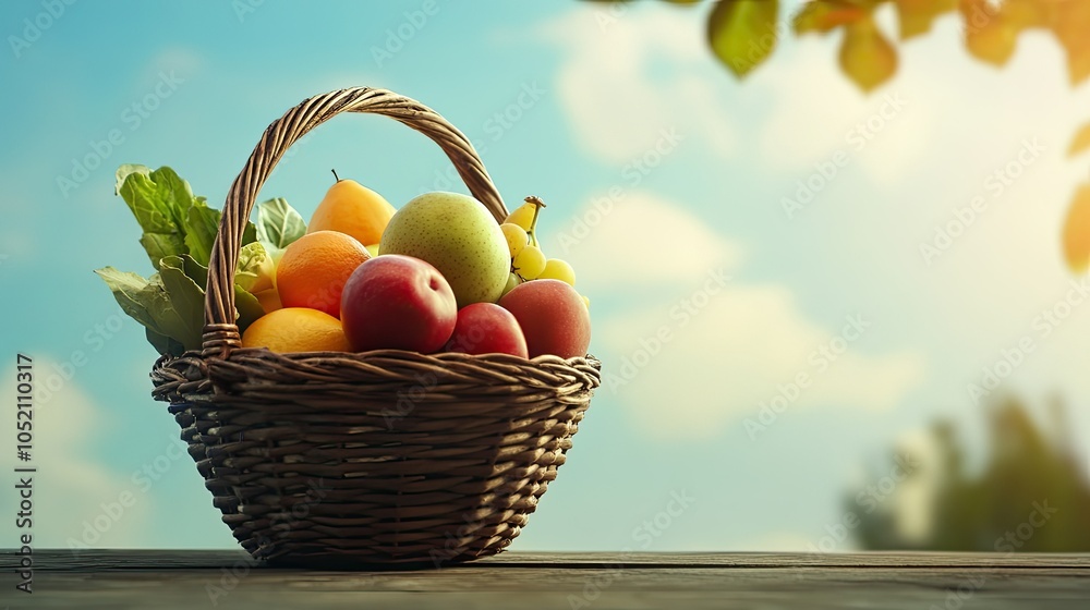 Freshly picked fruits and veggies in basket on wooden surface, perfect for organic themes with copy space Freshly picked fruits and veggies in basket on wooden surface, perfect for organic themes with copy space
